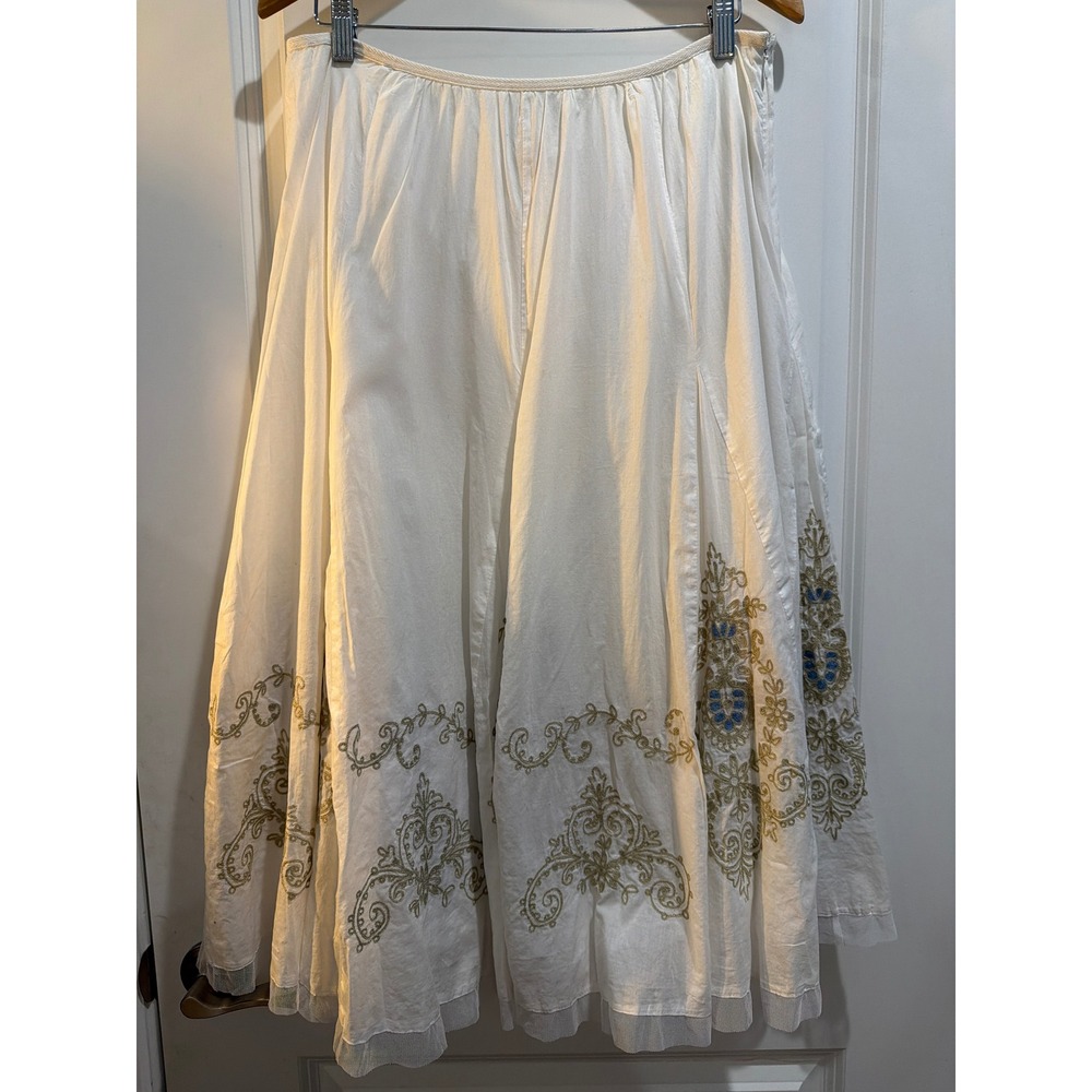 Nygard Collection White Cotton Embroidered Midi Skirt Size 12 Side Zip Boho
